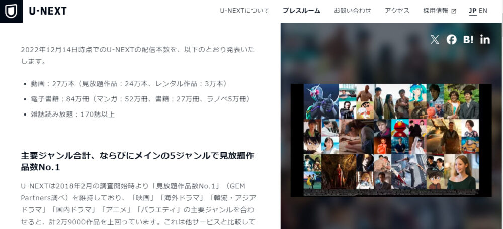 U-NEXT　見放題作品数